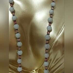 White Jade and Rose Quartz,  Beaded Necklace, 925 Silver Clasp